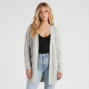 Bohme Grey Cable Knit Pom Pom Cardigan Small Open Front Oversized Pocket Long